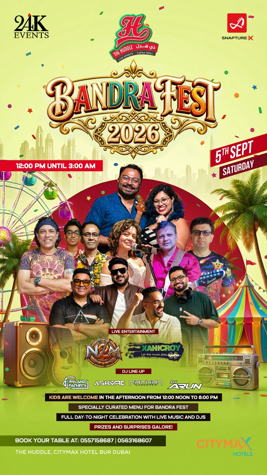 Bandra Fest 2026 line-up poster - live bands and DJs at The Huddle, Citymax Hotel Bur Dubai, Saturday 5 September, noon until 3am